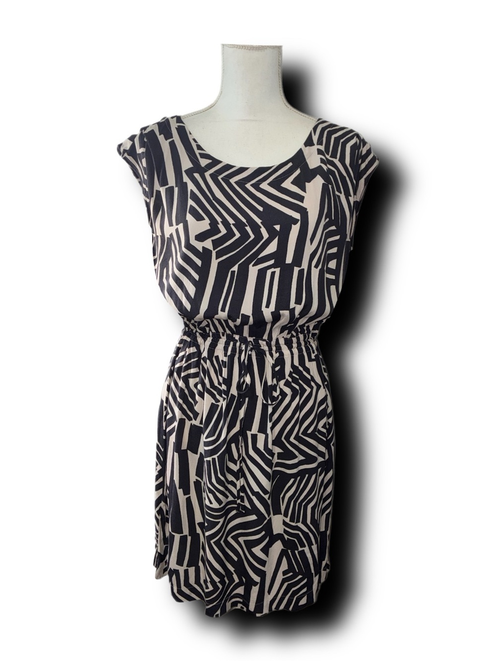 LOFT Black & Cream Abstract Zebra Print Drawstring Waist Dress